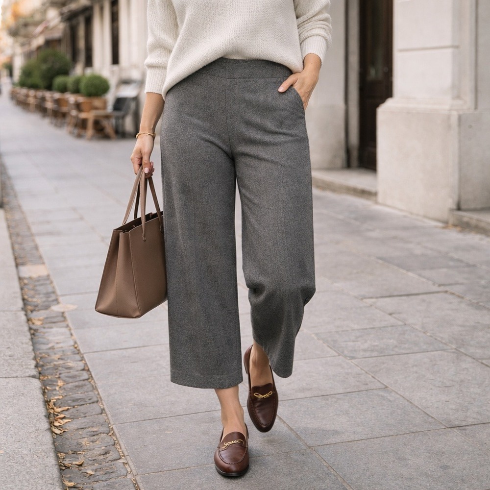 NIU Charcoal Grey Wool Blend‎ Wide Leg Cropped Pants XL Career Office Minimalist